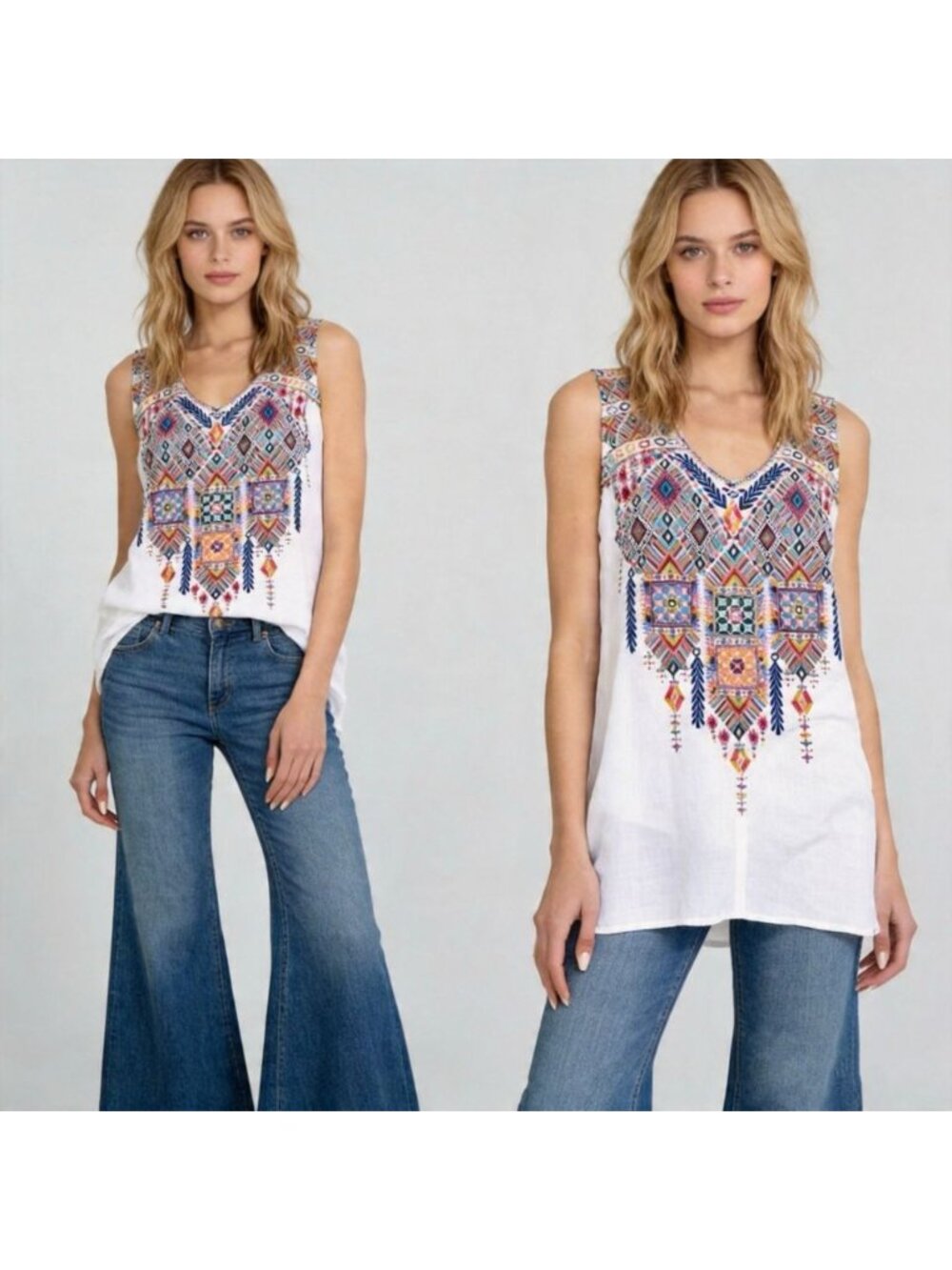 NWOT Johnny Was Ramie Embroidered Floral V-neck Tank Top Cream Size S